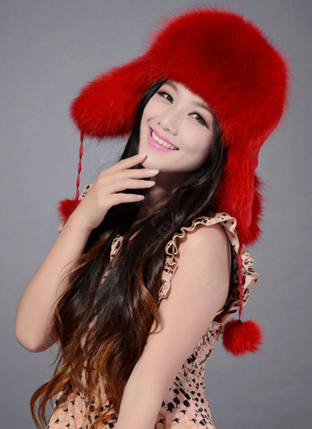 Fox fur leifeng hat for women thermal winter windproof Ear protector Caps - Red