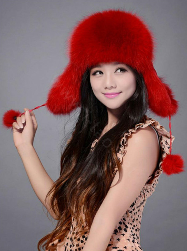 Fox fur leifeng hat for women thermal winter windproof Ear protector Caps - Red