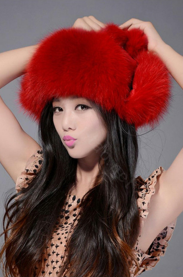 Fox fur leifeng hat for women thermal winter windproof Ear protector Caps - Red