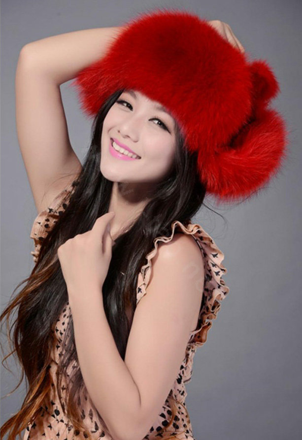 Fox fur leifeng hat for women thermal winter windproof Ear protector Caps - Red