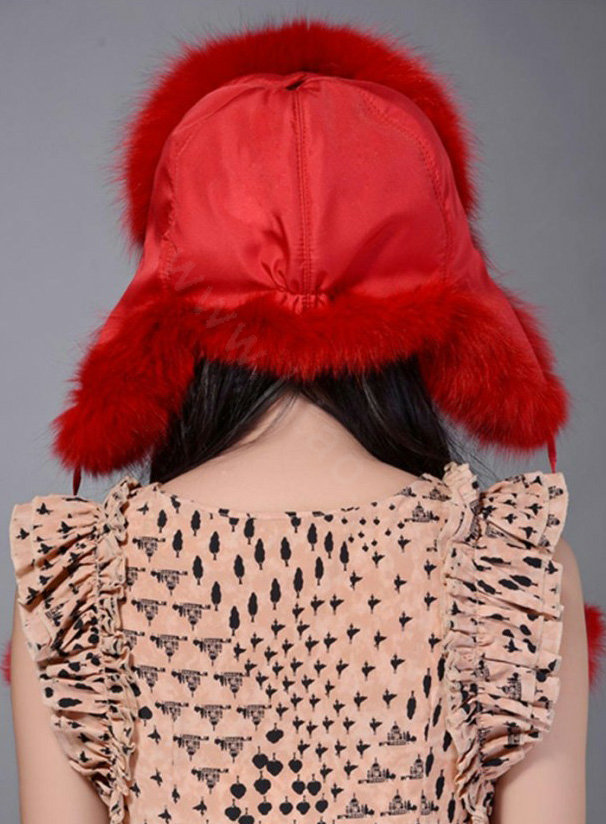 Fox fur leifeng hat for women thermal winter windproof Ear protector Caps - Red