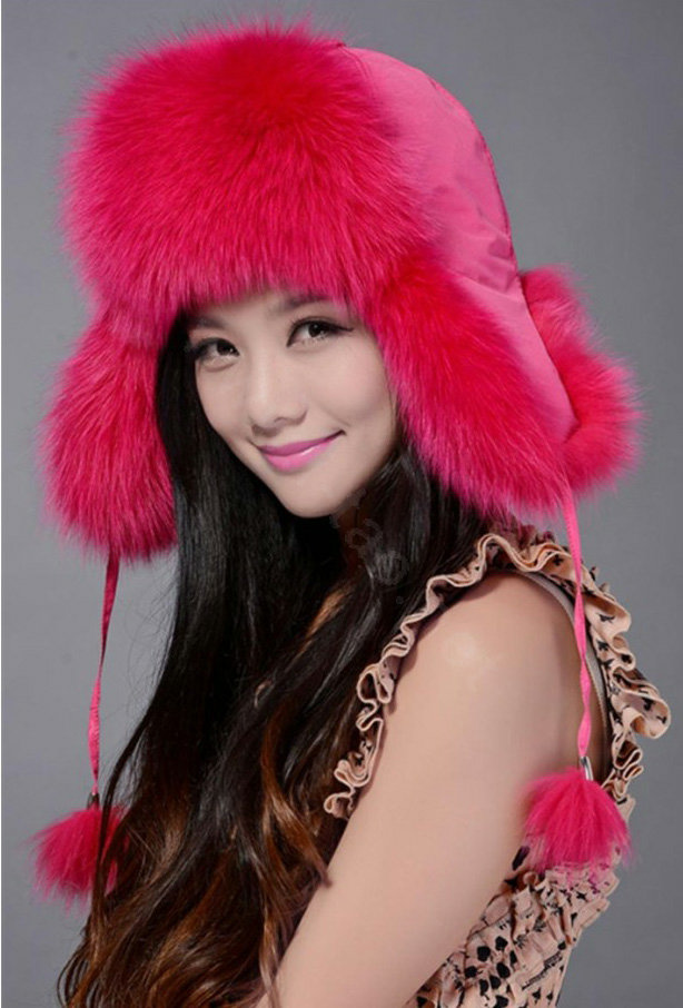 Fox fur leifeng hat for women thermal winter windproof Ear protector Caps - Rose