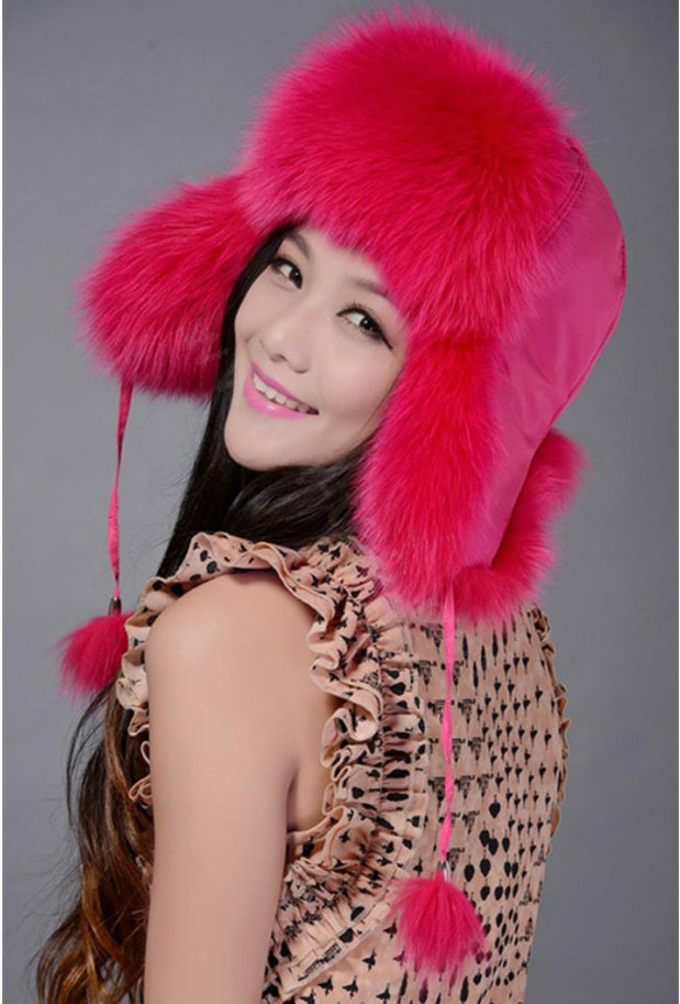 Fox fur leifeng hat for women thermal winter windproof Ear protector Caps - Rose