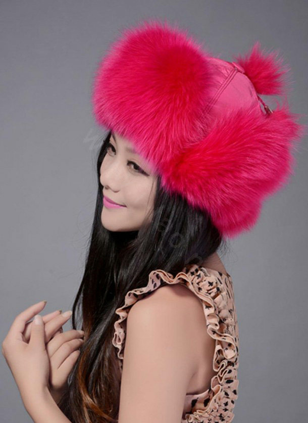 Fox fur leifeng hat for women thermal winter windproof Ear protector Caps - Rose