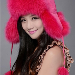 Fox fur leifeng hat for women thermal winter windproof Ear protector Caps - Rose