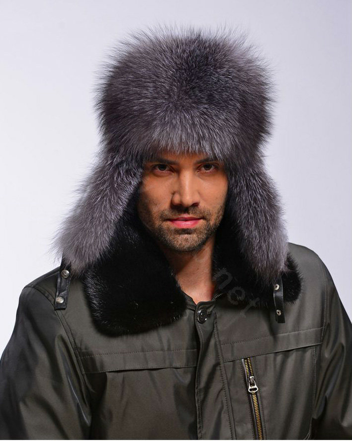 Fox fur leifeng hat man thermal winter windproof Ear protector male genuine leather Caps - Black