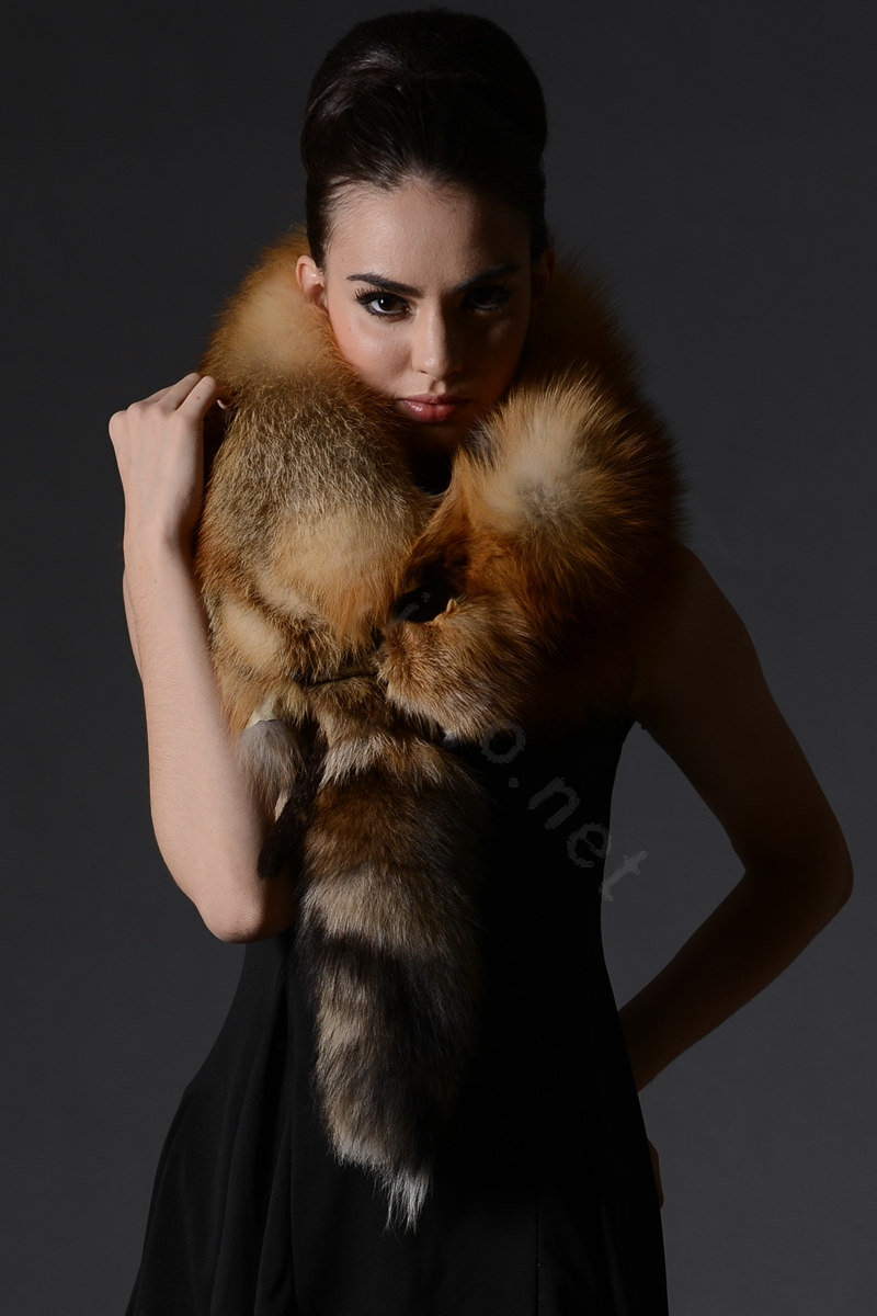 Fox fur scarf fashion Women Whole fox fur shawl winter warm tippet neck wrap - Brown