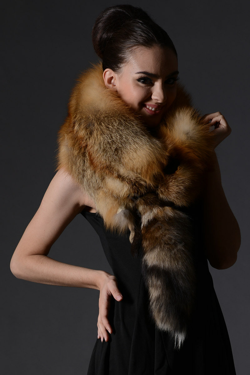 Fox fur scarf fashion Women Whole fox fur shawl winter warm tippet neck wrap - Brown