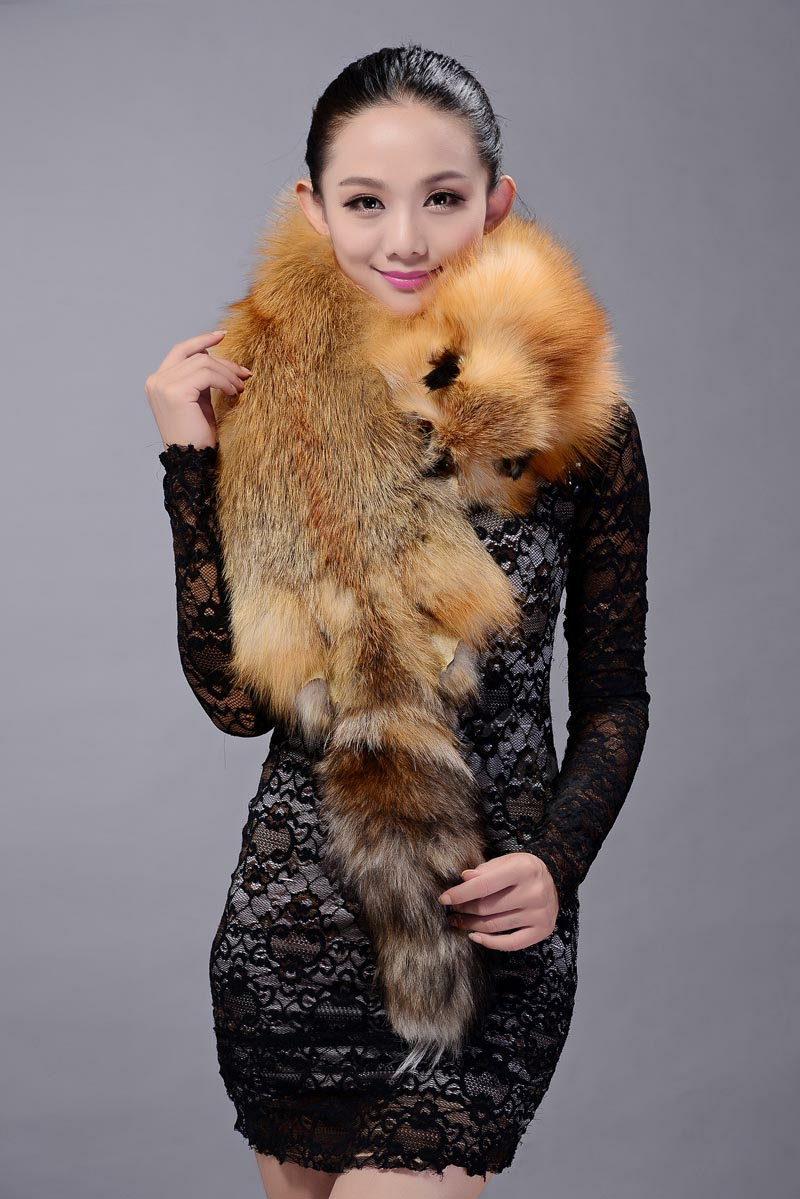 Fox fur scarf fashion Women Whole fox fur shawl winter warm tippet neck wrap - Brown