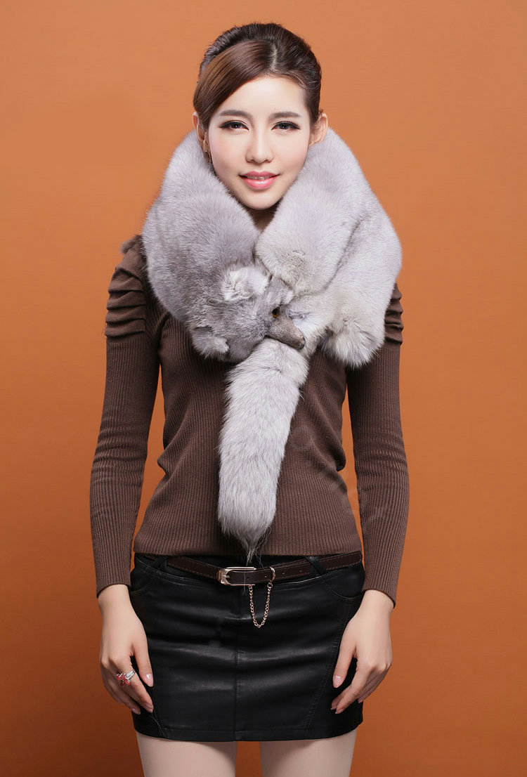 Fox fur scarf fashion Women Whole fox fur shawl winter warm tippet neck wrap - Grey