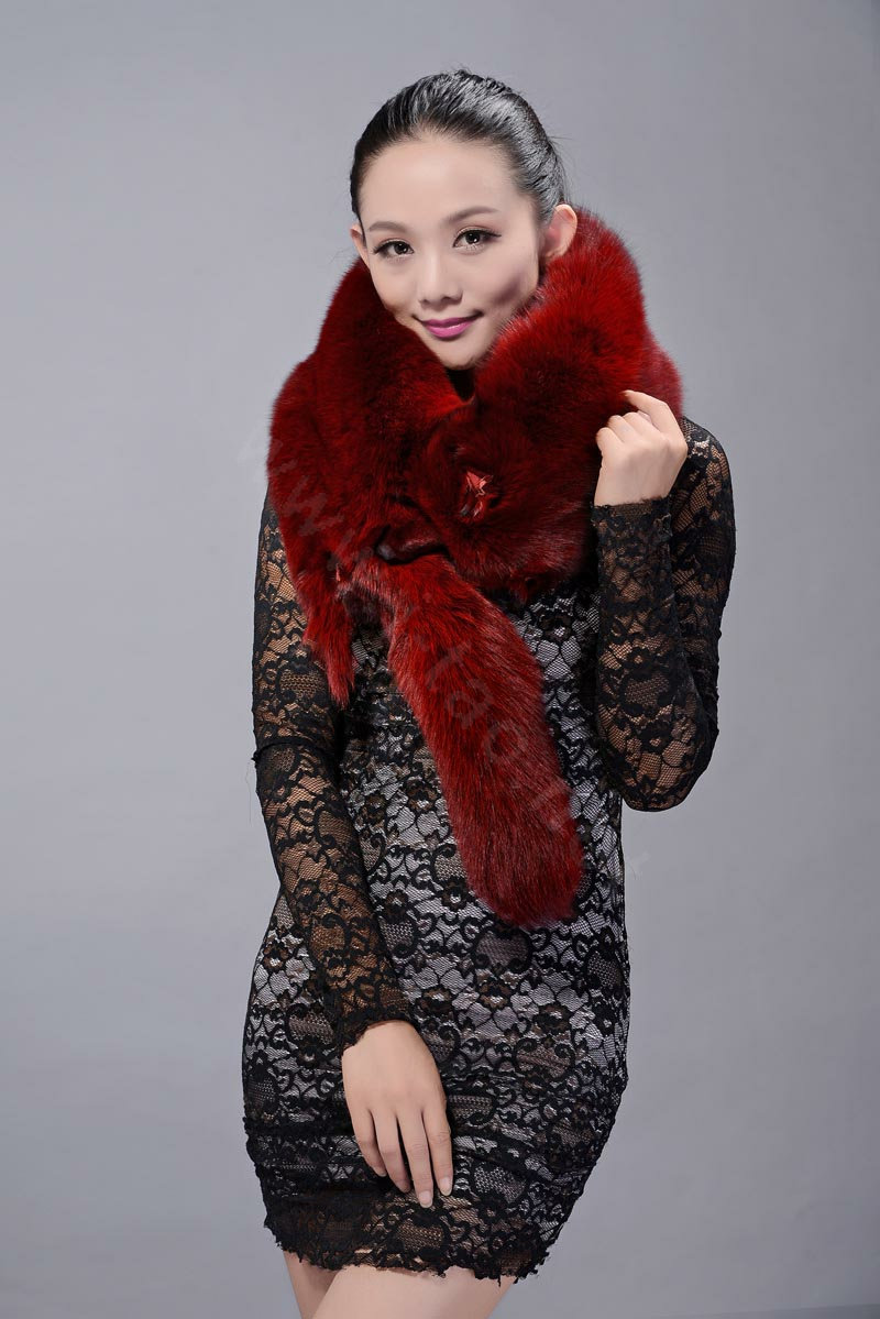 Fox fur scarf fashion Women Whole fox fur shawl winter warm tippet neck wrap - Red