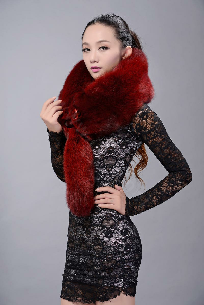 Fox fur scarf fashion Women Whole fox fur shawl winter warm tippet neck wrap - Red