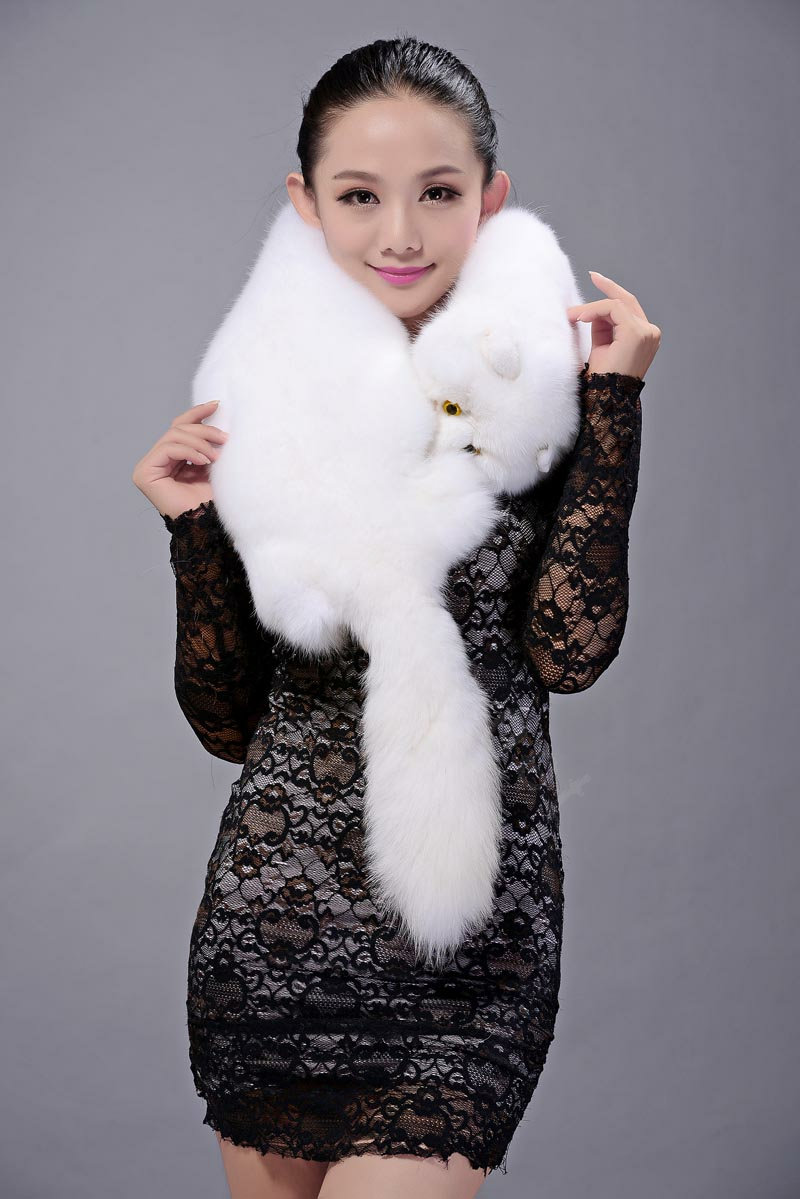 Fox fur scarf fashion Women Whole fox fur shawl winter warm tippet neck wrap - White