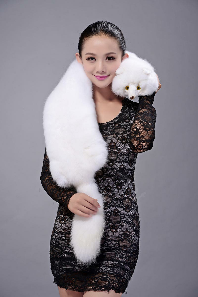 Fox fur scarf fashion Women Whole fox fur shawl winter warm tippet neck wrap - White