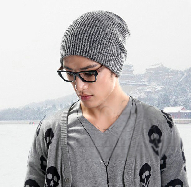 Men's fashion autumn winter genuine wool hat thermal warm casual knitted caps - Grey