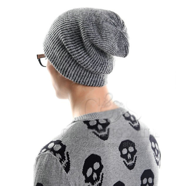Men's fashion autumn winter genuine wool hat thermal warm casual knitted caps - Grey