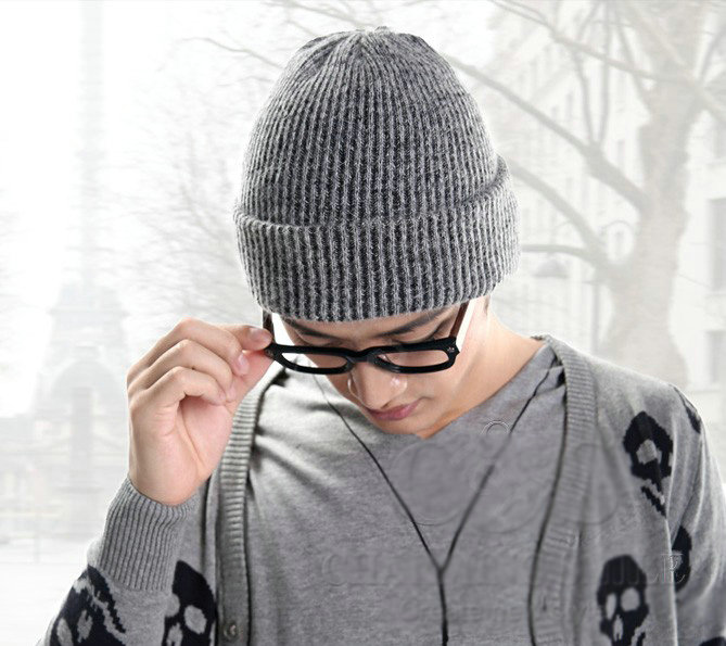 Men's fashion autumn winter genuine wool hat thermal warm casual knitted caps - Grey