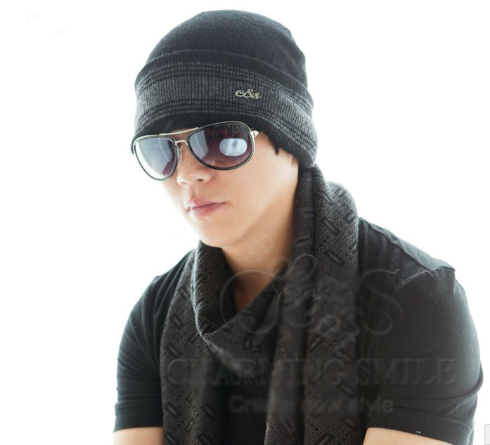 Men's fashion autumn winter genuine wool hat warm stripe casual knitted caps - Black