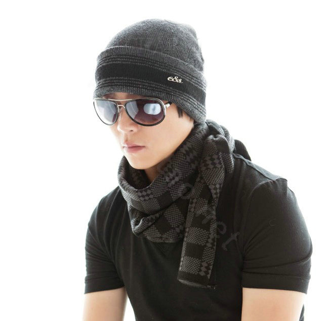 Men's fashion autumn winter genuine wool hat warm stripe casual knitted caps - Deep Grey