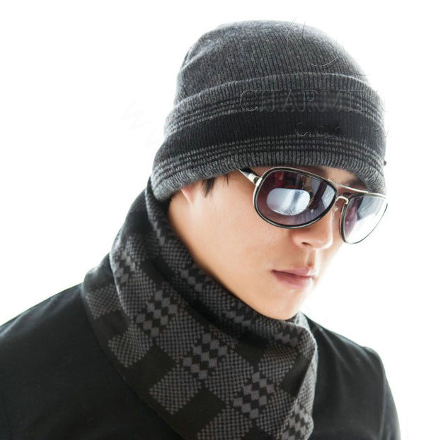 Men's fashion autumn winter genuine wool hat warm stripe casual knitted caps - Deep Grey