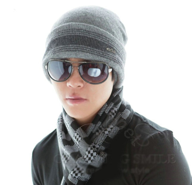 Men's fashion autumn winter genuine wool hat warm stripe casual knitted caps - Grey