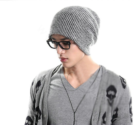 Men's fashion autumn winter genuine wool hat warm thermal casual knitted caps - Black White