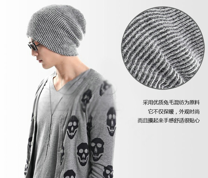 Men's fashion autumn winter genuine wool hat warm thermal casual knitted caps - Black White