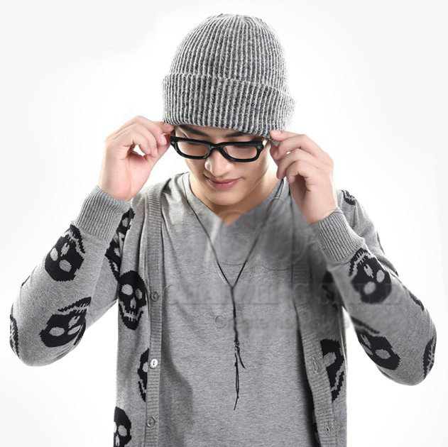 Men's fashion autumn winter genuine wool hat warm thermal casual knitted caps - Black White