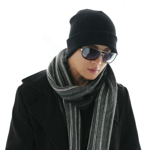 Men's fashion autumn winter genuine wool hat warm thermal casual knitted caps - Black