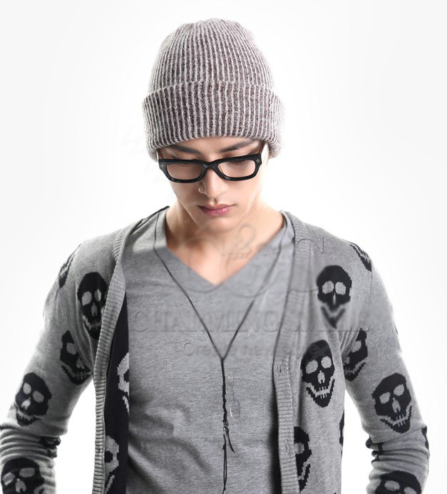 Men's fashion autumn winter genuine wool hat warm thermal casual knitted caps - Coffee