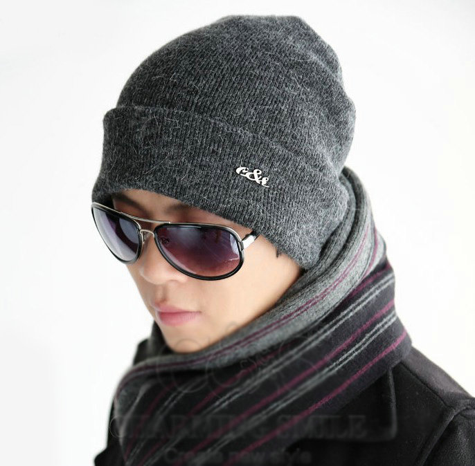 Men's fashion autumn winter genuine wool hat warm thermal casual knitted caps - Dark Grey