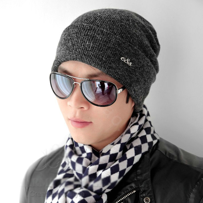 Men's fashion autumn winter genuine wool hat warm thermal casual knitted caps - Dark Grey