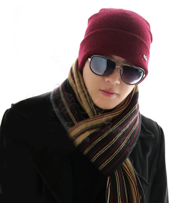 Men's fashion autumn winter genuine wool hat warm thermal casual knitted caps - Dark Red