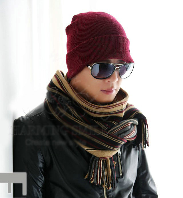 Men's fashion autumn winter genuine wool hat warm thermal casual knitted caps - Dark Red