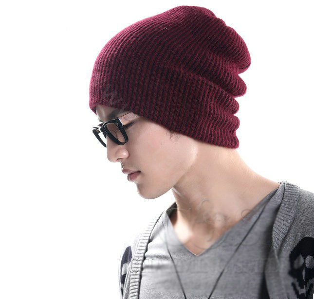 Men's fashion autumn winter genuine wool hat warm thermal casual knitted caps - Deep red