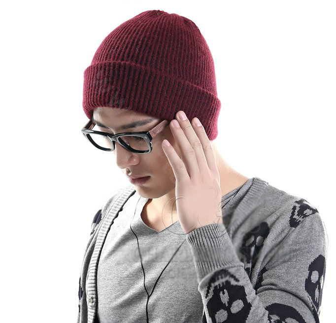 Men's fashion autumn winter genuine wool hat warm thermal casual knitted caps - Deep red