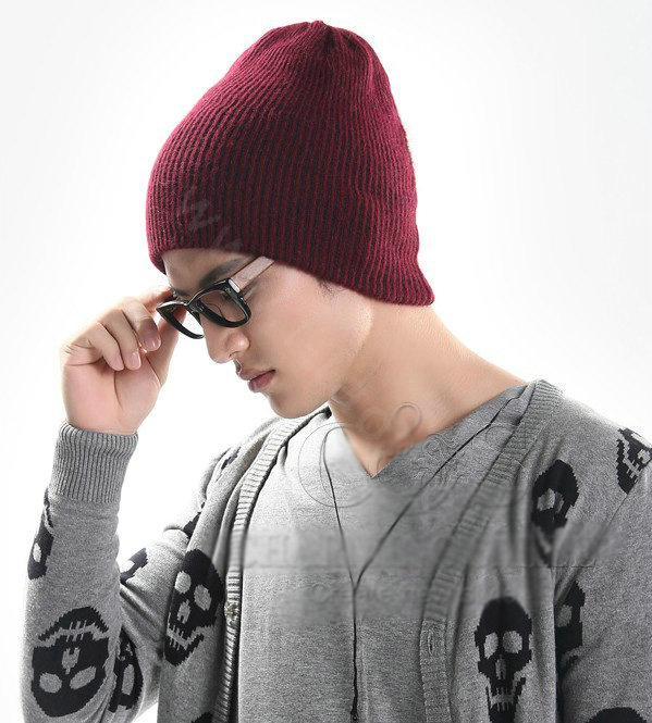 Men's fashion autumn winter genuine wool hat warm thermal casual knitted caps - Deep red