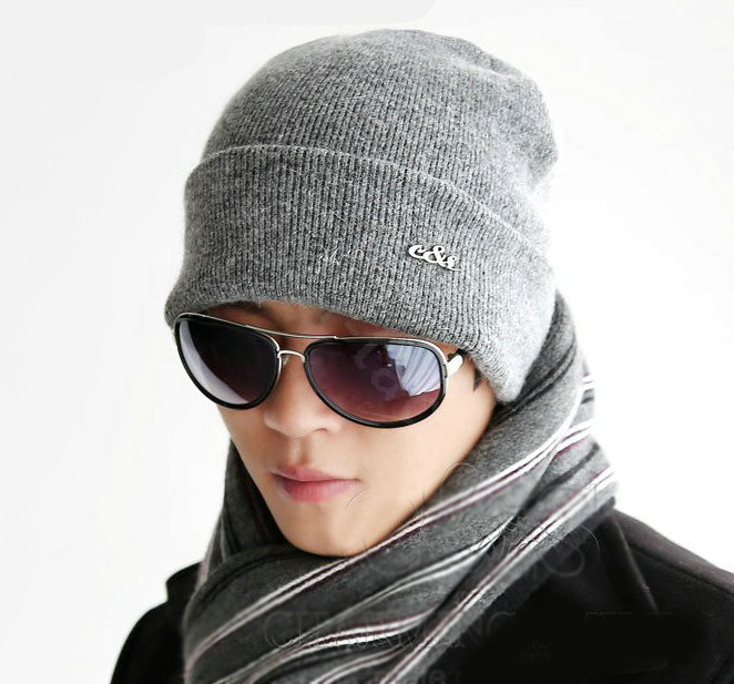 Men's fashion autumn winter genuine wool hat warm thermal casual knitted caps - Grey