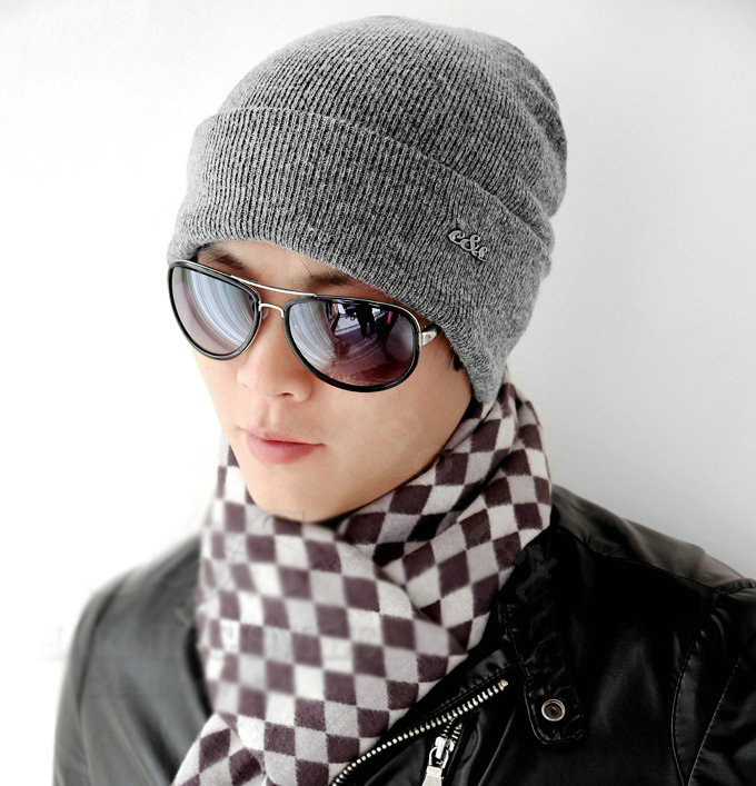 Men's fashion autumn winter genuine wool hat warm thermal casual knitted caps - Grey