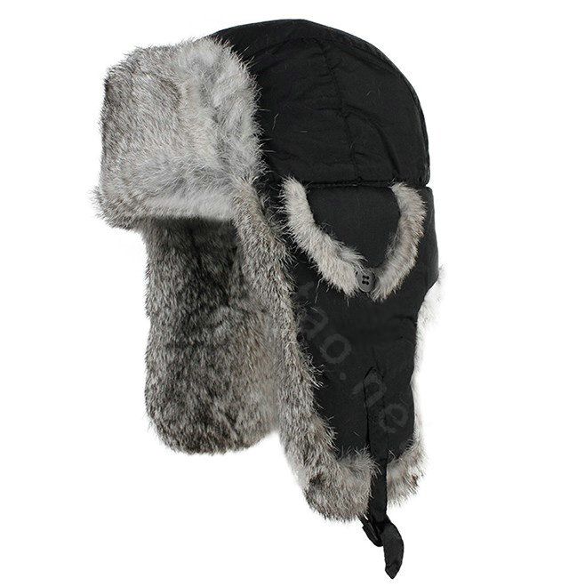 Rabbit fur leifeng hat for man thermal winter windproof Ear protector Caps XL size - Black