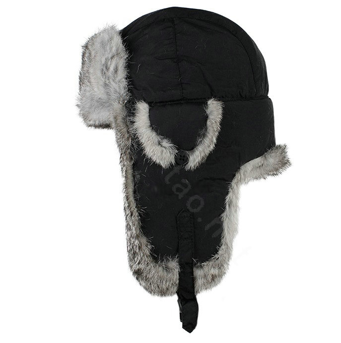 Rabbit fur leifeng hat for man thermal winter windproof Ear protector Caps XL size - Black