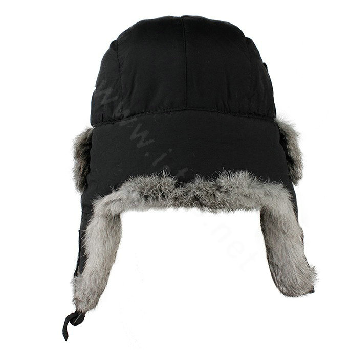 Rabbit fur leifeng hat for man thermal winter windproof Ear protector Caps XL size - Black