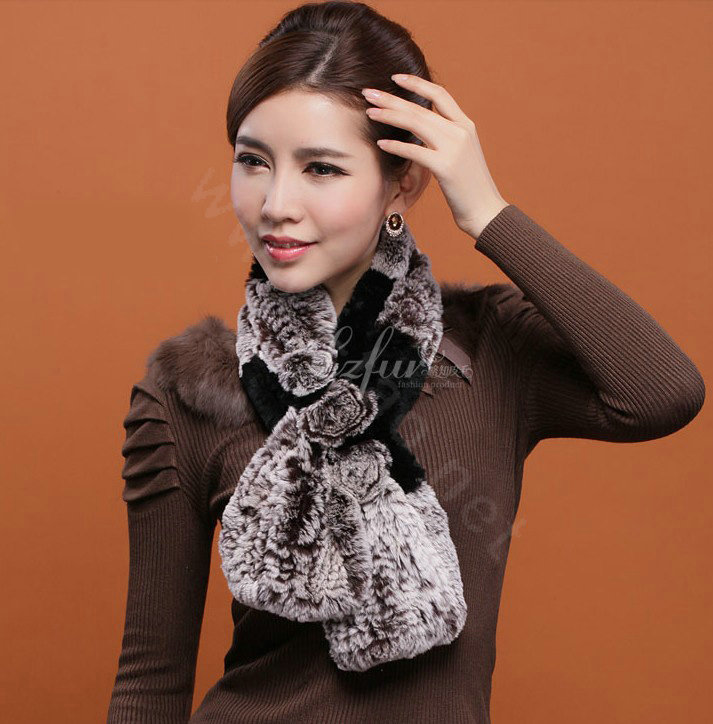 Women Fashion Knitted Rex Rabbit Fur Scarves Flower Winter Warm Scarf Wraps - Coffee Black