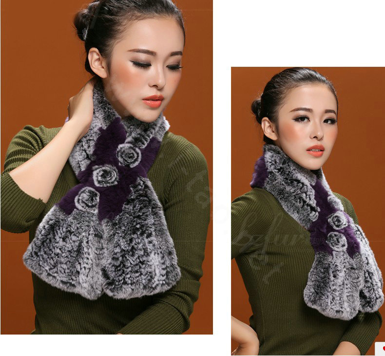 Women Fashion Knitted Rex Rabbit Fur Scarves Flower Winter Warm Scarf Wraps - Grey Purple