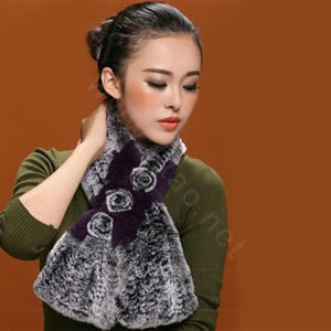 Women Fashion Knitted Rex Rabbit Fur Scarves Flower Winter Warm Scarf Wraps - Grey Purple
