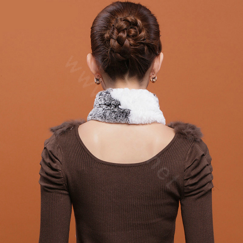 Women Fashion Knitted Rex Rabbit Fur Scarves Flower Winter Warm Scarf Wraps - Grey White