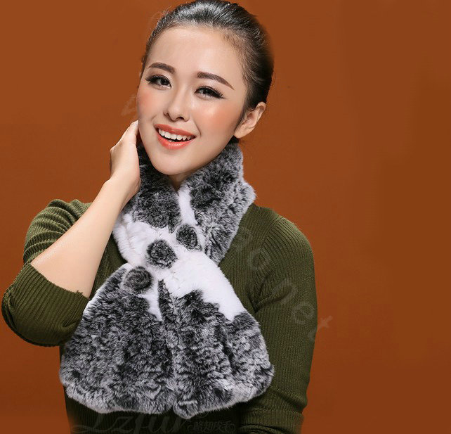 Women Fashion Knitted Rex Rabbit Fur Scarves Flower Winter Warm Scarf Wraps - Grey White