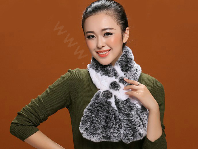 Women Fashion Knitted Rex Rabbit Fur Scarves Flower Winter Warm Scarf Wraps - Grey White