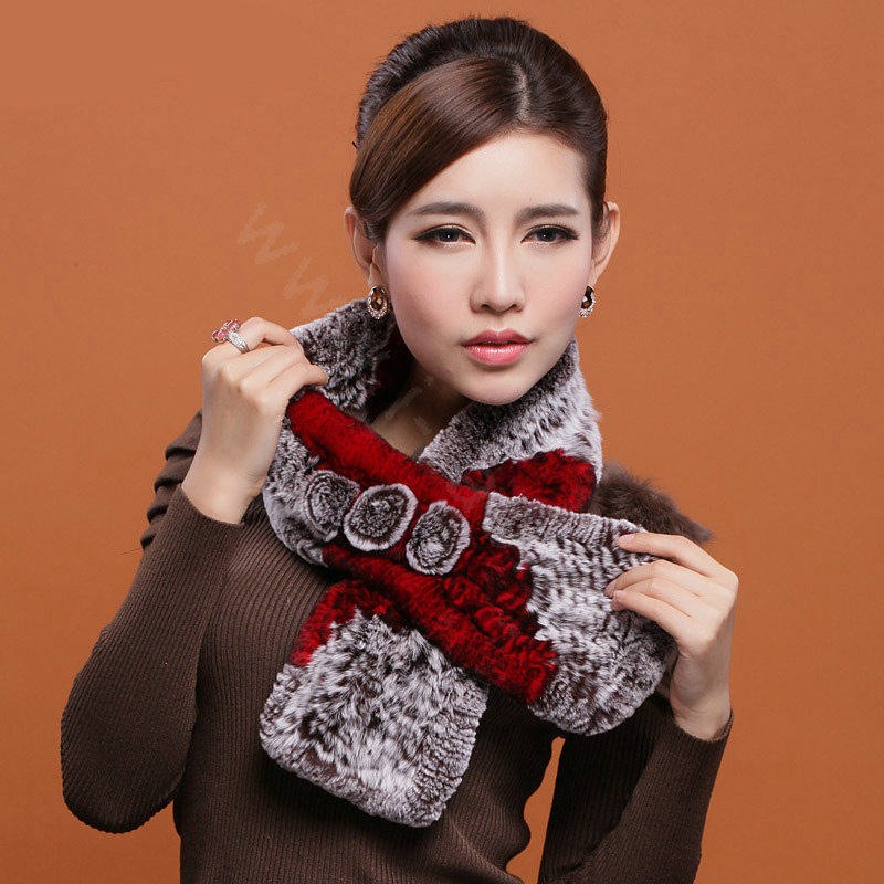 Women Fashion Knitted Rex Rabbit Fur Scarves Flower Winter Warm Scarf Wraps - Red Coffee