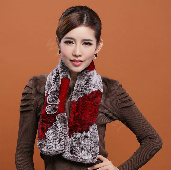 Women Fashion Knitted Rex Rabbit Fur Scarves Flower Winter Warm Scarf Wraps - Red Coffee